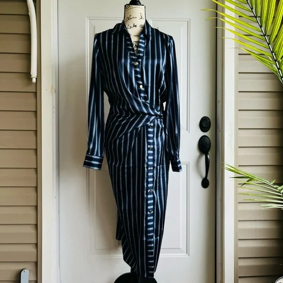 WHBM $135 Satin Striped Wrap Dress - Picture 2 of 8